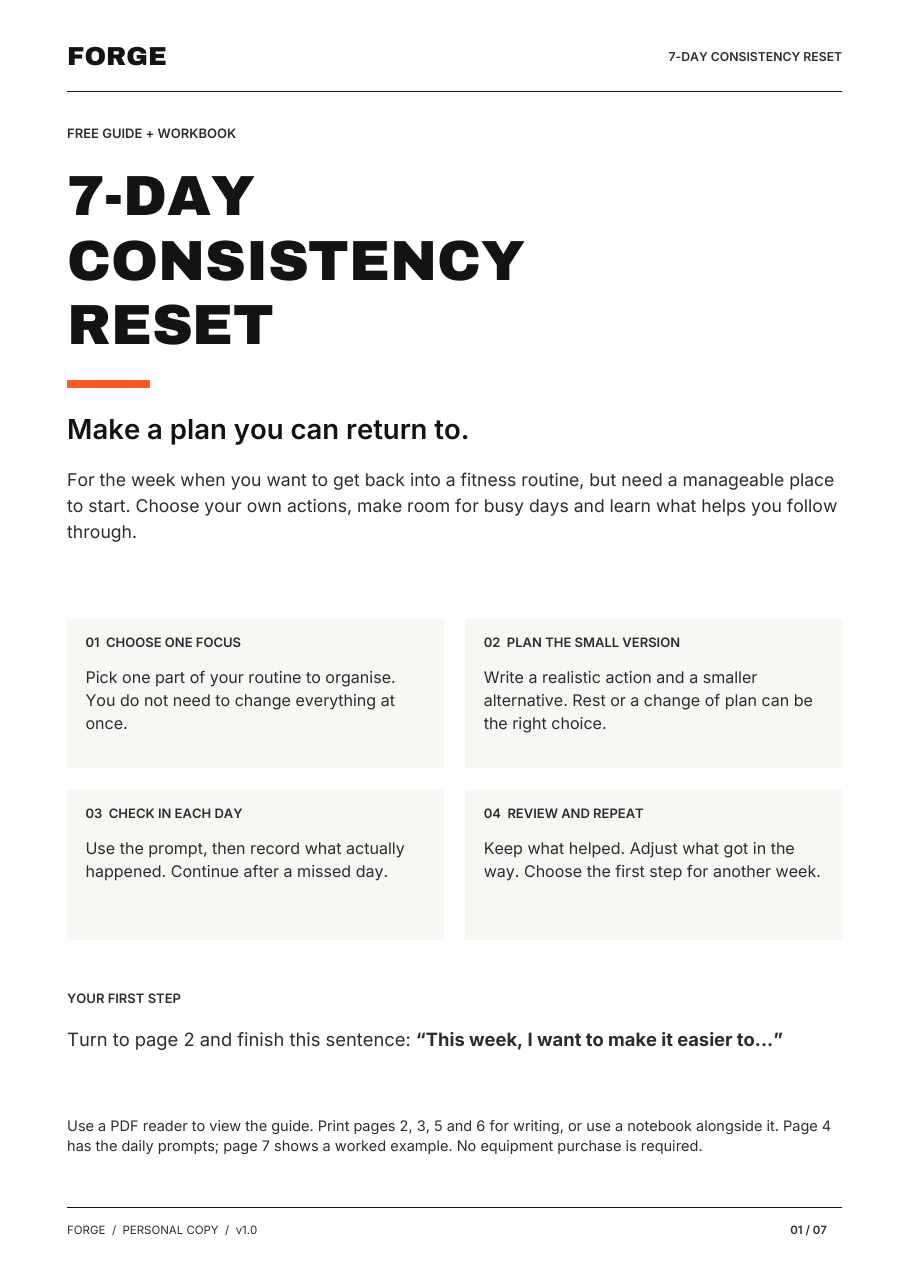Actual cover of the FORGE 7-Day Consistency Reset, with four steps: choose one focus, plan the small version, check in each day, review and repeat.