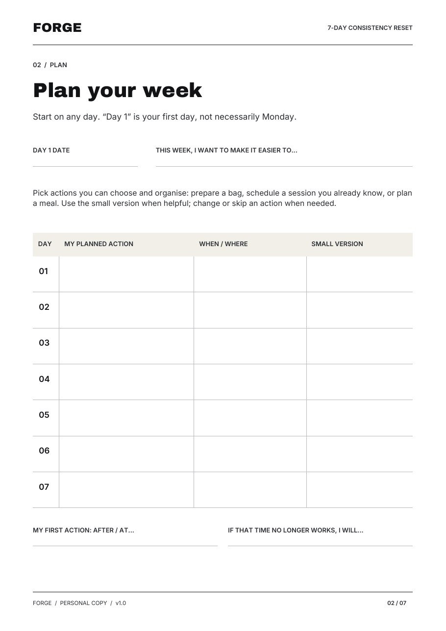 The printable Plan your week page, with seven rows for a planned action, when and where, and a small version.